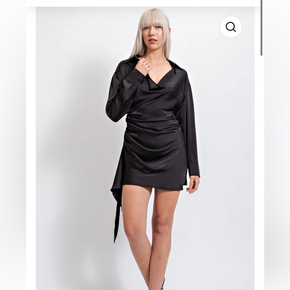 Satin cowl neck rouched detail long sleeve mini black dress. NWT.